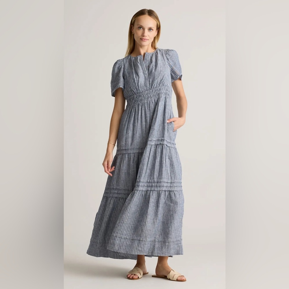 NWT Quince 100% European Linen Tiered Maxi Dress in Chambray Stripe, Sz L